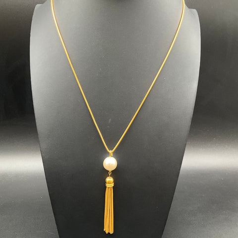 Vintage Anne Klein Gold Tone Faux Pearl Tassel Snake Chain Necklace 34"
