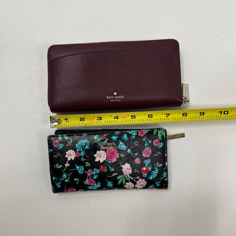 Kate Spade Burgundy Leather & Black Floral Print Wallets Lot of 2