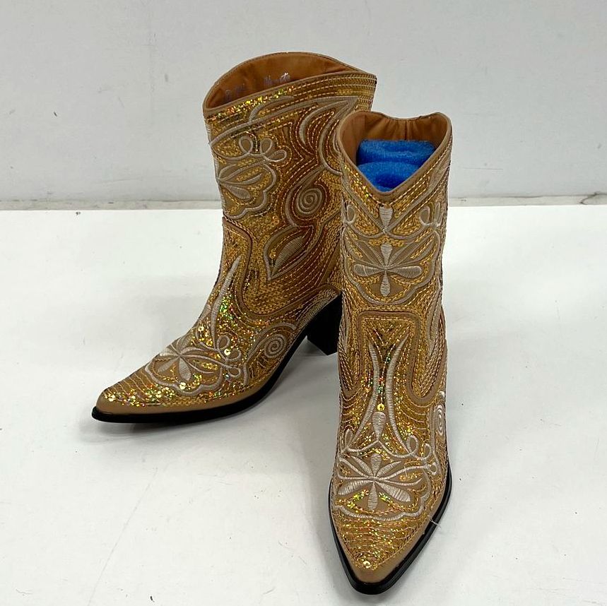 Helen & Heart Gold Tan Sequin Embroidered Western Cowboy Boots Women's Size 7