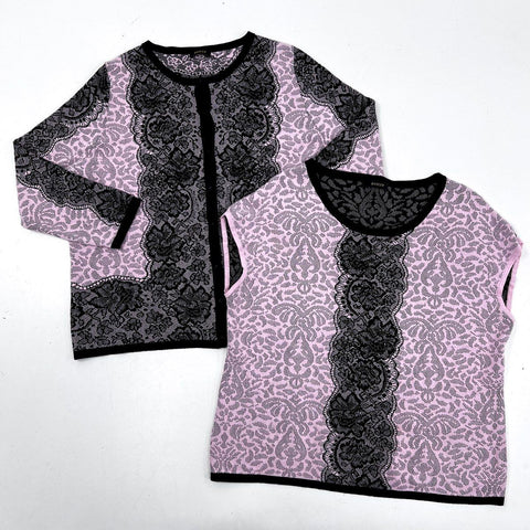 Basler Women's Pink Black Lace Print Cardigan & Top 2pc Twin Set Sz 46