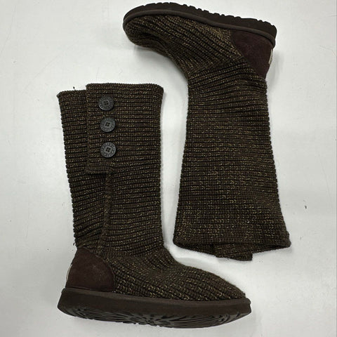 Ugg Lattice Cardy Chocolate Brown Crochet Knit Tall Button Boots Women's Size 9