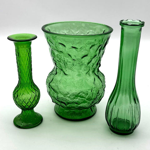 Vintage Green Glass Vase Set 3 Piece Lot Textured Ribbed Diamond Bud Vases