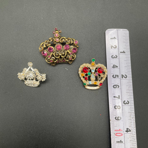 Vintage Crown Brooch Lot of 3 Rhinestone Faux Pearl Gold Silver Tone Costume
