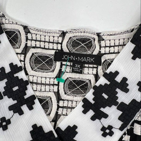 John Mark Women's Top Black Geo Embroidered V-Neck Mesh High Low Sz 3XL NWT