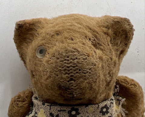 Vintage Teddy Bear Brown Mohair Style 4.5 Inch Jointed With Floral Apron