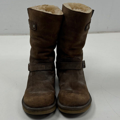 UGG Kensington Chocolate Brown Leather Moto Buckle Shearling Boots Size 10