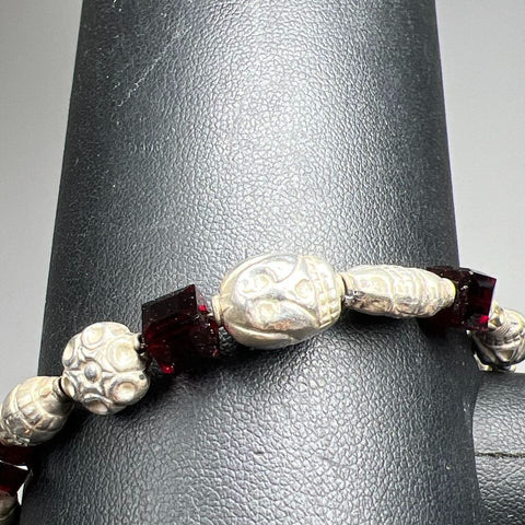 Sterling Silver Skull & Red Glass Beaded Bracelet 16.19g