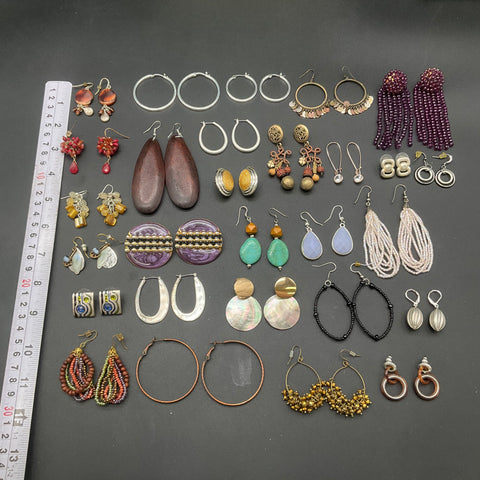 Boho Retro Beaded Metal Stone Earrings Jewelry Lot of 25+ Pairs Hoops Dangles