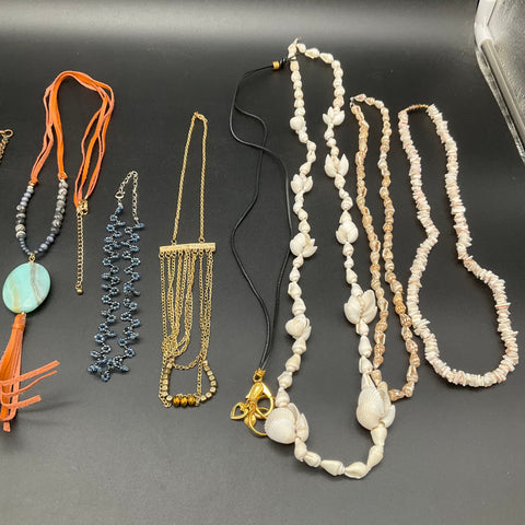 Mixed Costume Fashion Jewelry Necklace Lot 13pc Shell Beaded Tassel 0.75lb