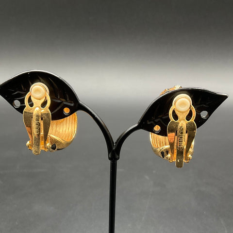 Vintage St. John Signed Gold Tone Black Enamel Animal Print Clip-On Earrings