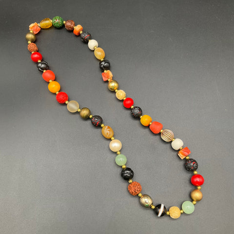 Vintage Chinese Trade Bead Necklace Carved Cinnabar Jade Agate Multi-Color 25"
