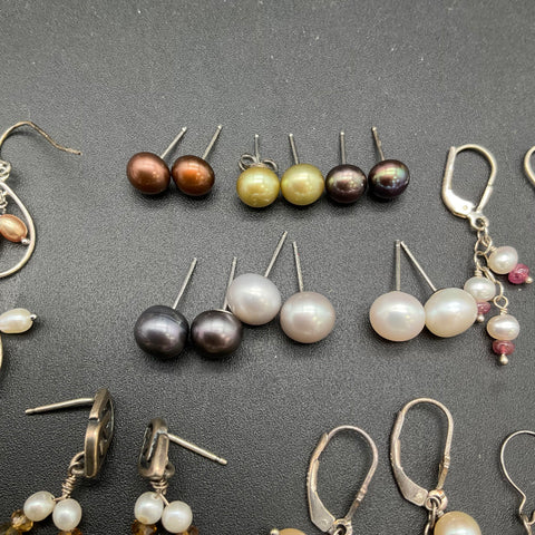 Sterling Silver 925 Pearl Gemstone Earring Lot of 10 Pairs Studs Dangles