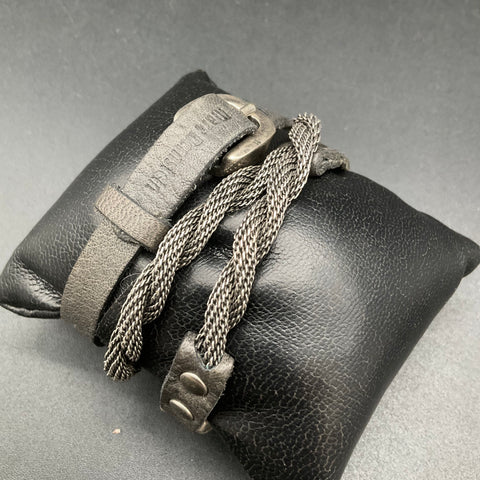 Marc Bernstein Designer Braided Metal Mesh & Grey Leather Wrap Bracelet 17.5"