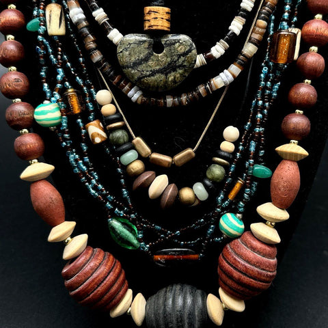Boho Tribal Costume Jewelry Lot 10 Necklaces Wood Bone Shark Tooth Earthy Tone