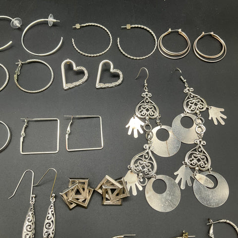 Silver Tone Fashion Earrings Jewelry Lot 32 Pairs Mixed Hoops Dangles Studs