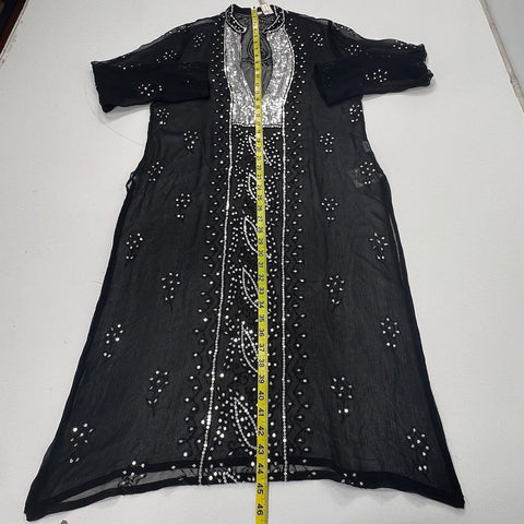 Pashi Chowdhury Women's Black Silk Kurti Sheer Sequined Dress India Sz L NWT