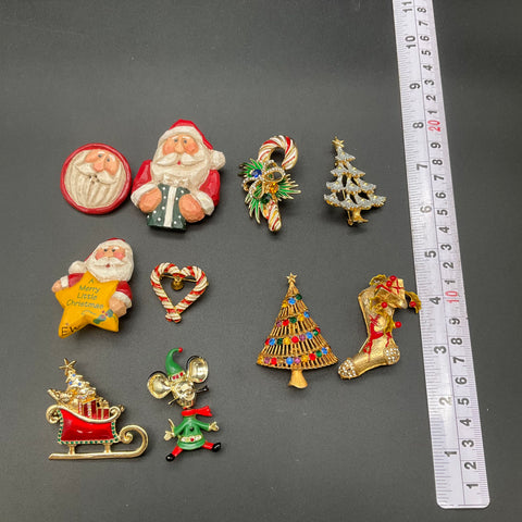 Vintage Christmas Holiday Brooch Pin Lot of 10 Santa Trees Sleigh LCI Signed