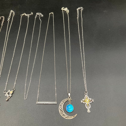 Fashion Costume Necklace Lot of 10 Silver Tone Rhinestone Cross Moon Cat Bow