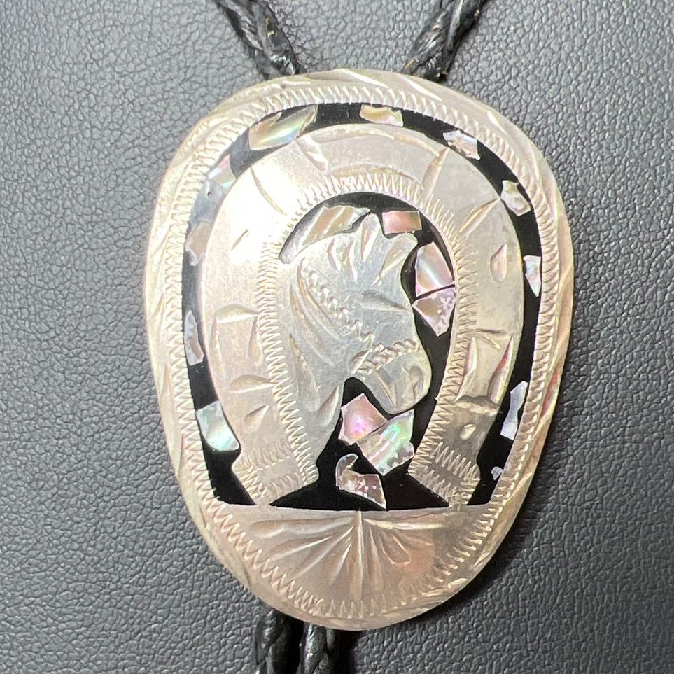 Vintage Alpaca Mexico Horse Abalone Chip Bolo Tie