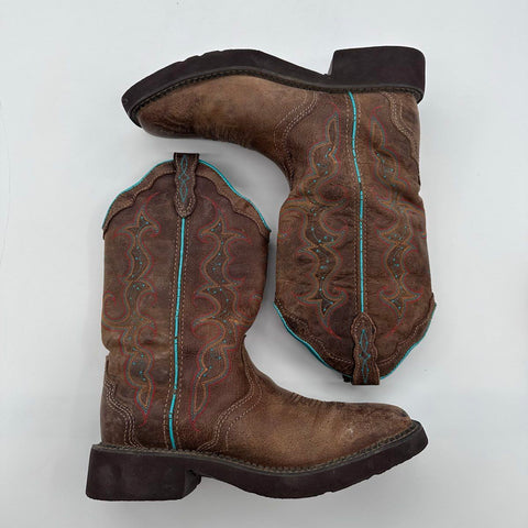 Justin Brown Leather Teal Stitching Square Toe Western Boots Size 8.5