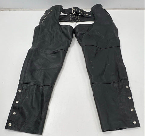 Black Leather Motorcycle Biker Chaps Zippered Pockets Eagle Snaps Size 3X