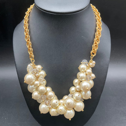 J. Crew Gold Tone Faux Pearl Statement Bib Necklace Cluster 18"