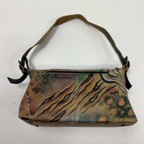 Anuschka Hand Painted Leather Shoulder Bag Peacock Animal Print Gold Hardware
