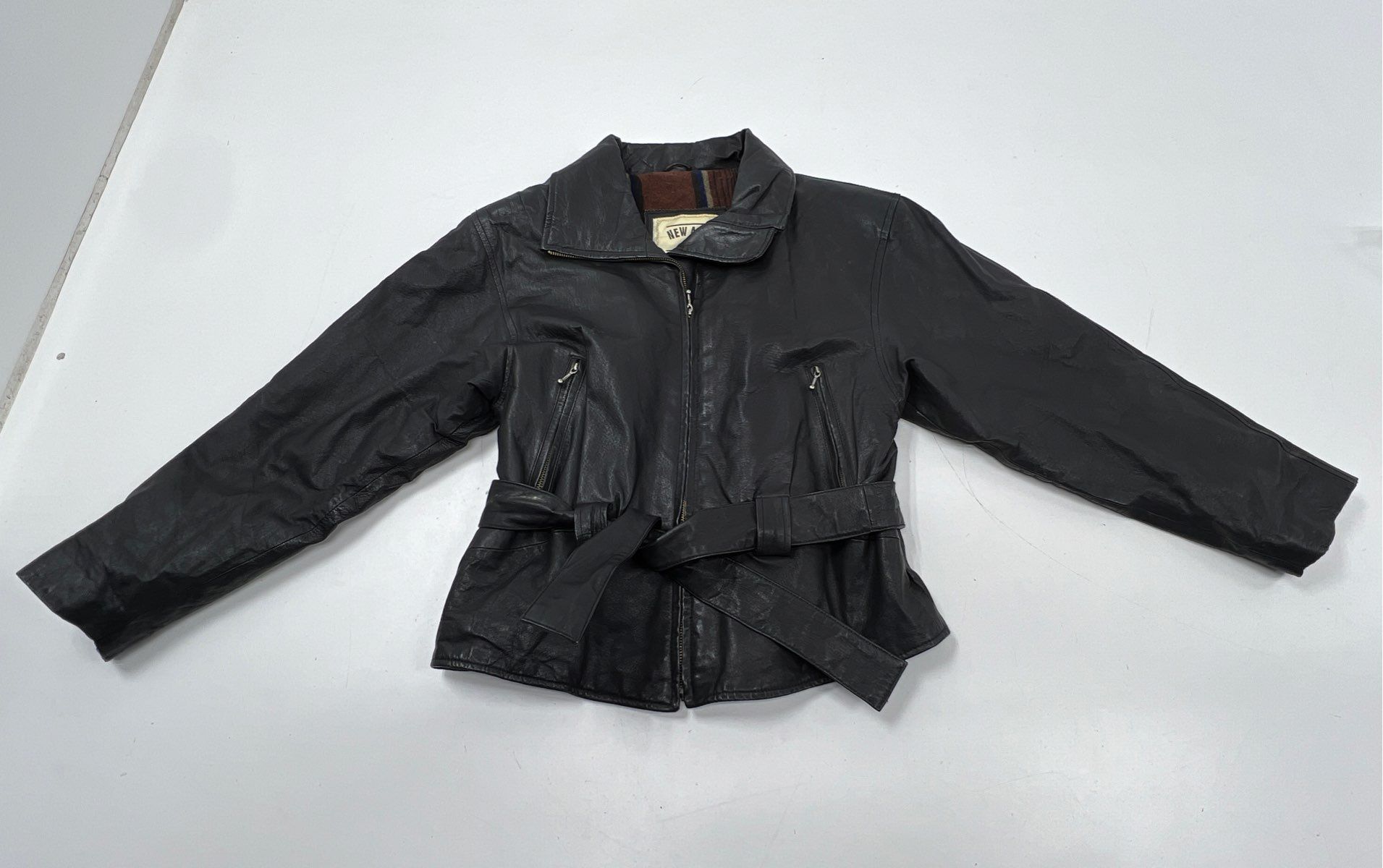 Vintage 90s New Age Collection Belted Leather Jacket Blanket Lined