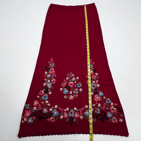 Double D Ranch Women's Red Floral Embroidered Linen Blend Knit Maxi Skirt Sz XS