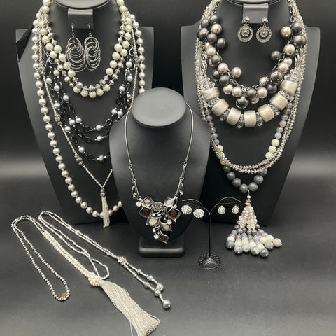 Modern Fashion Jewelry Lot 15pc Gunmetal Gray Black Faux Pearl Bead Necklaces