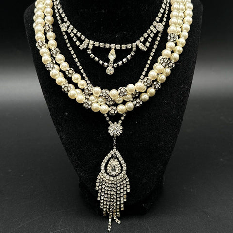 Vintage Costume Jewelry Lot 6 Necklaces Rhinestone Faux Pearl Beaded Mid-Century