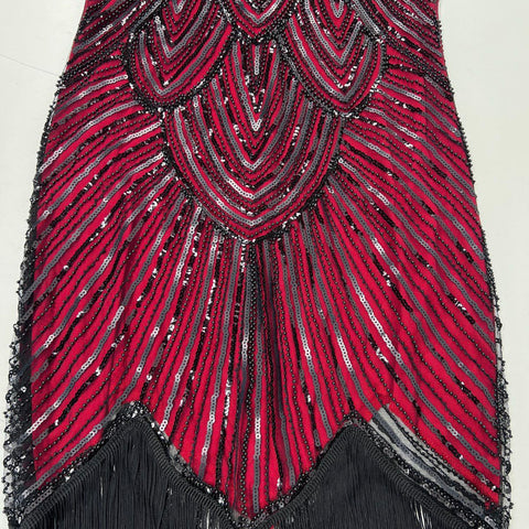 U&S Women's Burgundy Black Sequin Beaded Flapper Gatsby Fringe Dress Sz L