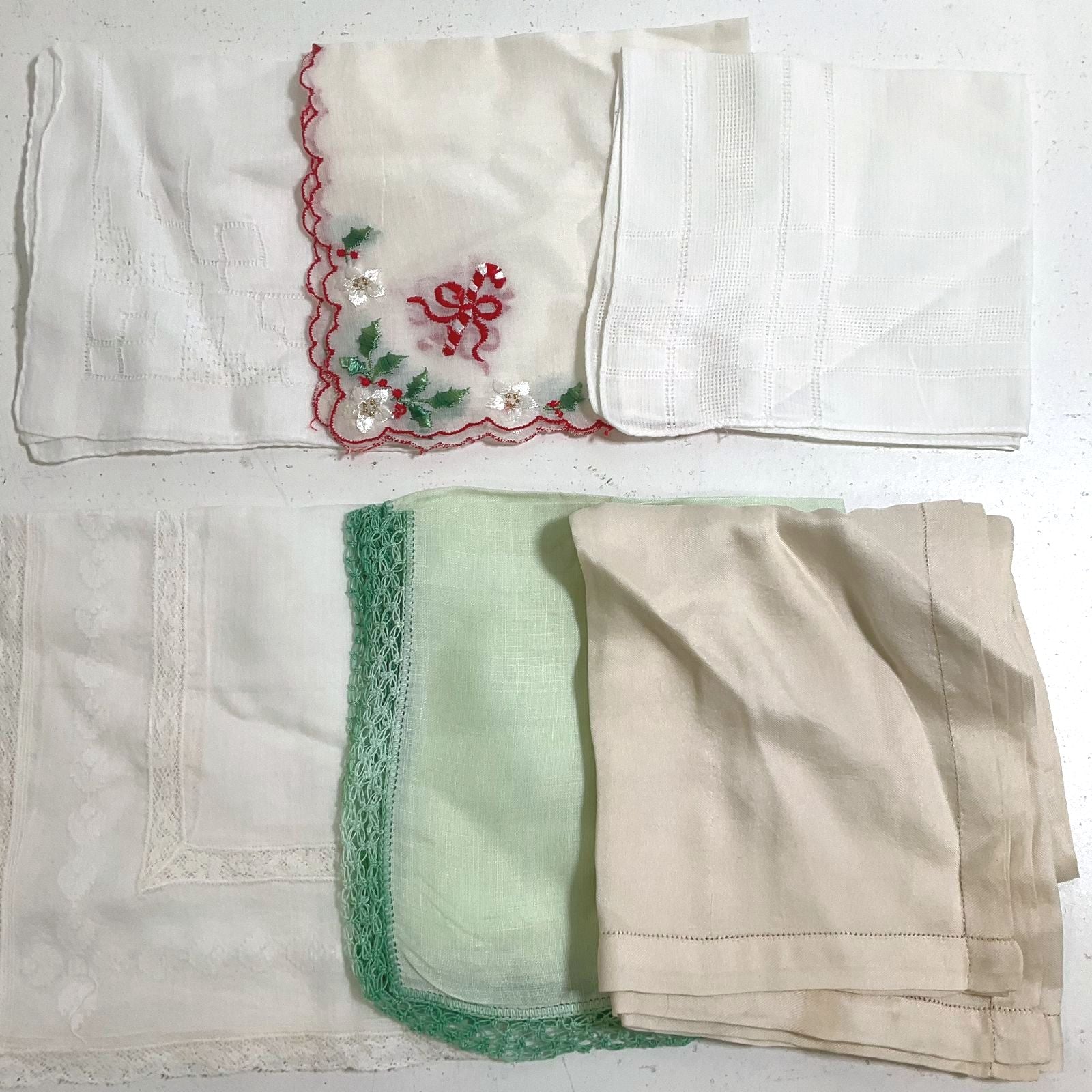 Vintage Handkerchief Lot 6 Embroidered Lace Edge Christmas Hankies Mixed Styles