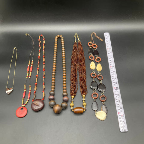 Boho Tribal Mixed Costume Jewelry Lot 6 Necklaces Wood Seed Bead Organic Style