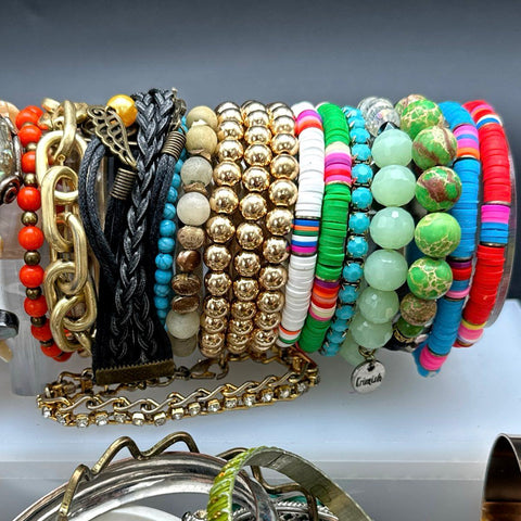 Mixed Bracelet Jewelry Lot of 40+ Vintage to Modern Bangles Cuffs Beaded Sports