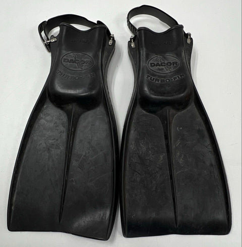 Vintage Dacor Turbo-Fin Mini Scuba Diving Fins Black Rubber With Farallon Box