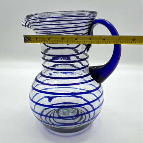 Hand Blown Art Glass Set Cobalt Blue Spiral Wrap Pitcher and 6 Tumblers Vintage