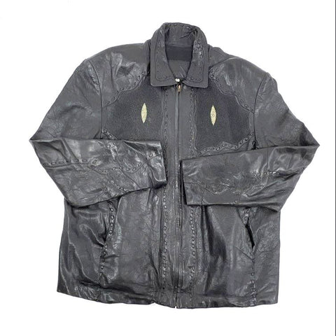 Vintage 90s Black Leather Stingray Shagreen Whipstitch Biker Jacket Sz XXL