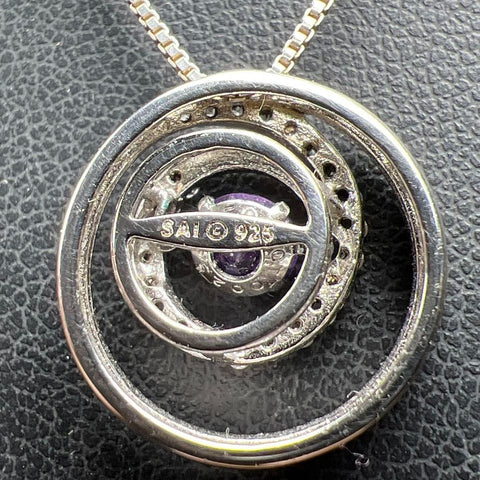 Sterling Silver Circle Purple & Clear Stone Pendant Necklace 4.3g