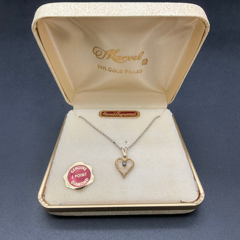 Vintage Marvel 12K Gold Filled Heart Necklace 1 Point Diamond 18" IOB