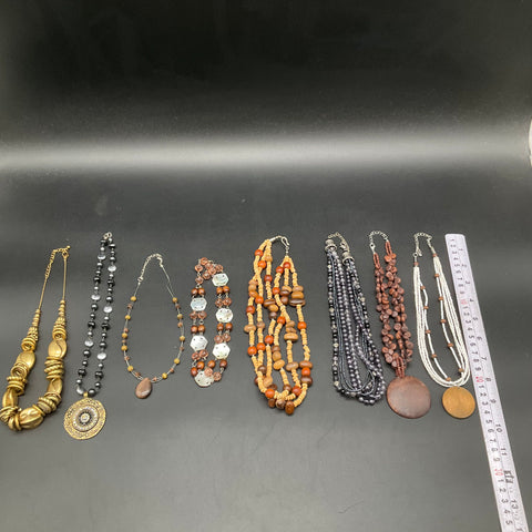 Mixed Costume Jewelry Lot 8 Necklaces Boho Beaded Wooden Gold Tone Statement