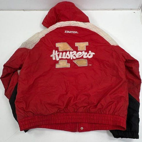 Vintage 90s Starter Nebraska Huskers NCAA Hooded Puffer Jacket Sz L