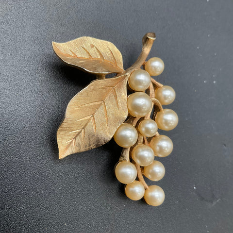 Vintage Crown Trifari Gold Tone Faux Pearl Grape Cluster Brooch Signed 2.25"