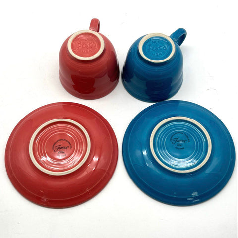 Homer Laughlin Fiesta Cup and Saucer Set 4 Piece Ceramic Scarlet and Blue Modern