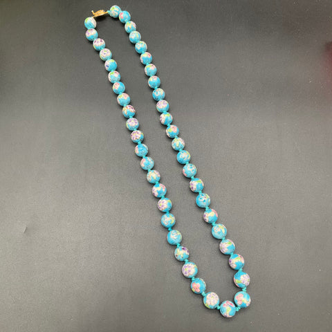 Vintage Chinese Export Cloisonné Floral Bead Necklace 25" Silver Clasp