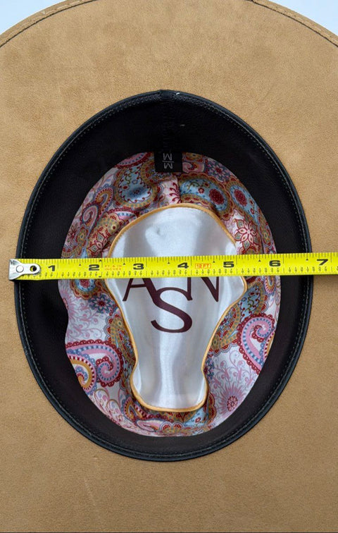 ASN Tan Faux Suede Wide Brim Fedora Hat Paisley Lining Braided Band Sz M