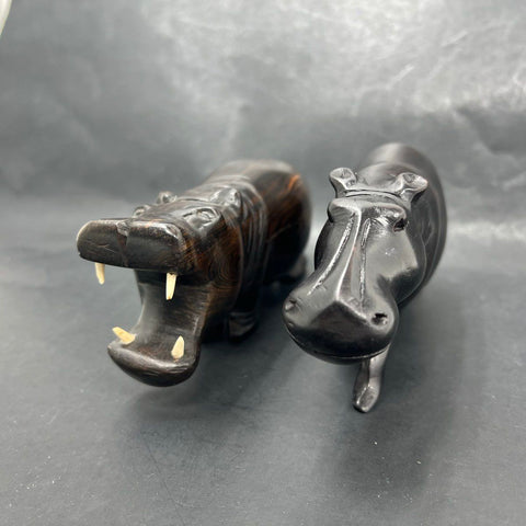 Vintage Hand Carved Hardwood Hippo Figurines Set of 2 African Art Open Mouth