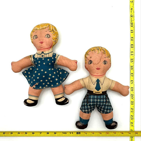 Collectible Cloth Doll Lot Vintage Printed Fabric Boy & Girl 2 Pieces 11 Inch