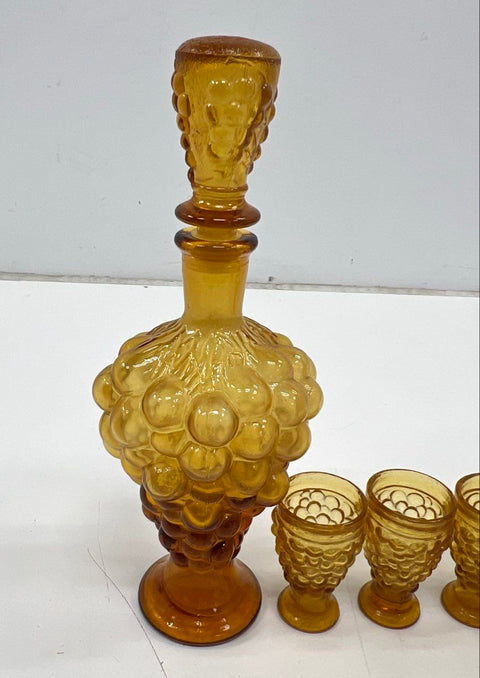 Pressed Glass Grape Harvest 7 Piece Decanter Set Amber 6 Footed Glasses Vintage