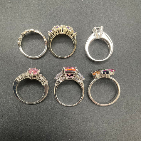 Fashion Jewelry Ring Lot of 6 Silver Tone CZ Rhinestone Statement Rings Size 5-9